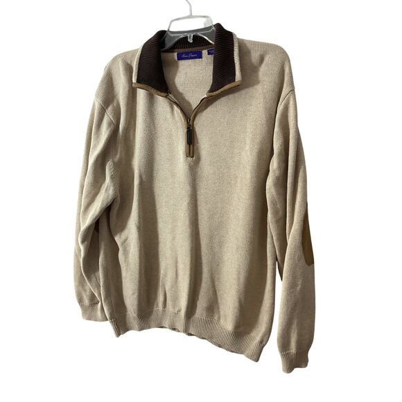 Alan Flusser 100% Cotton Men's XL 1/4 Zip Sweater Tan Preppy Elbow Patches - Picture 5 of 6